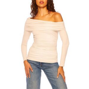 NEW Susana Monaco Gather Off Shoulder Long Sleeve Top Blanched Almond XS